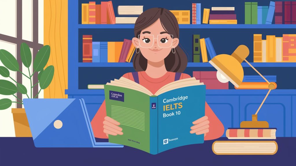 Cambridge IELTS Book 10 cover showing four full-length practice tests for exam preparation.